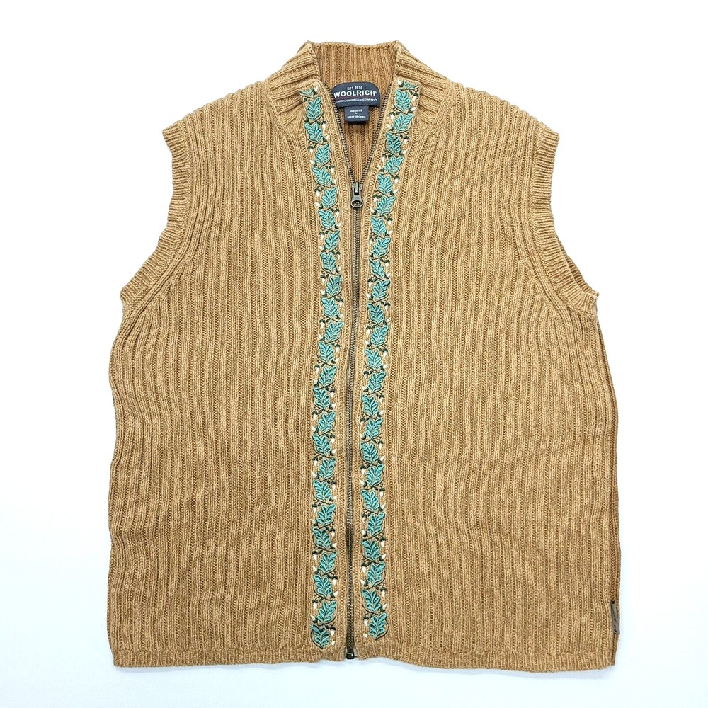 Woolrich Sweater Vest Womens Large Beige Embroidered Cotton Blend Full Zip Knit